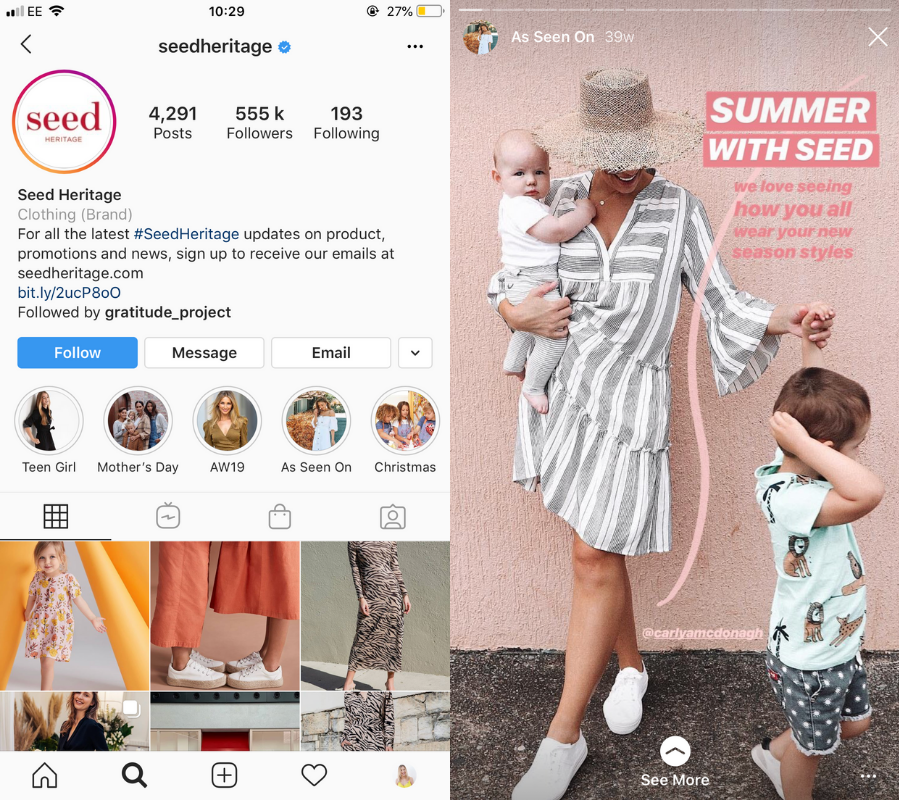 Seed Heritage Instagram page and story