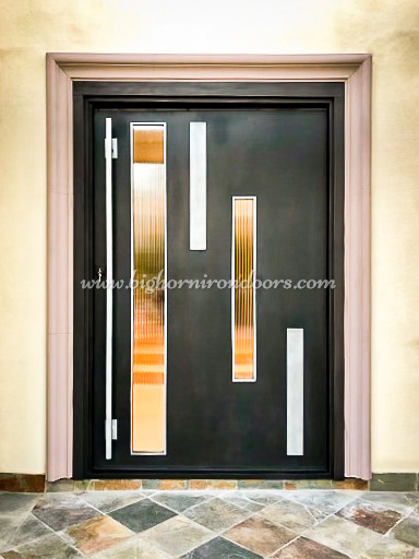 A close-up of a beautiful single entry steel door installed at home entryways.