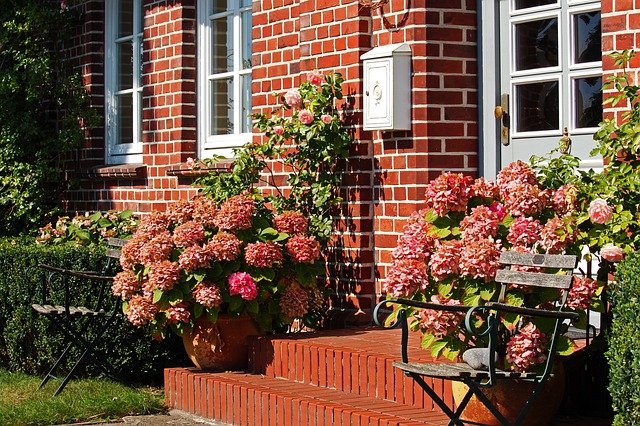 Potted plants in front of brick home