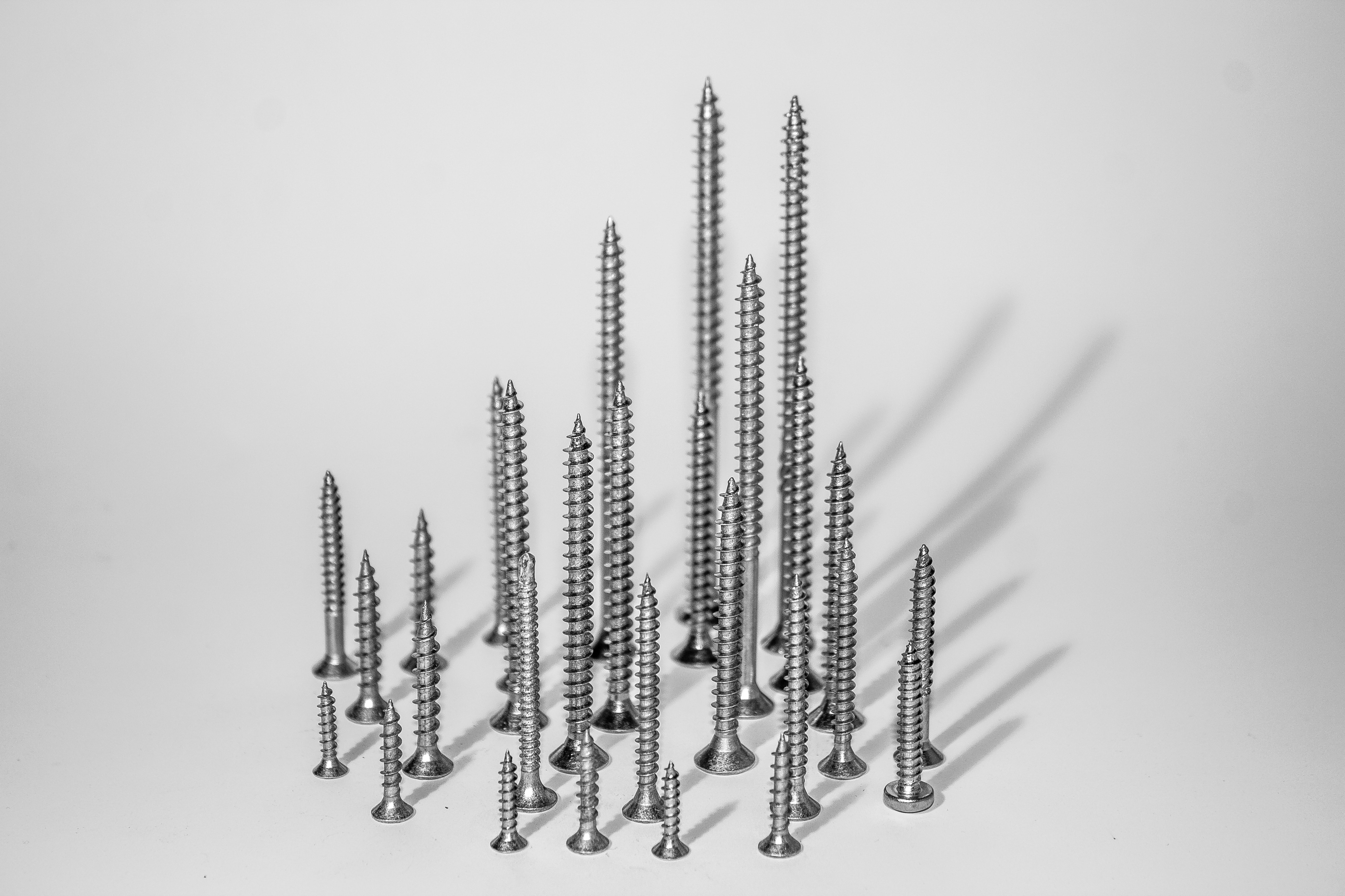  A close-up of a collection of screws placed on the white surface.